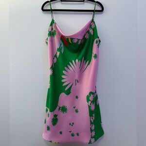 Fun Pink & Green Print Cowl Neck Dress